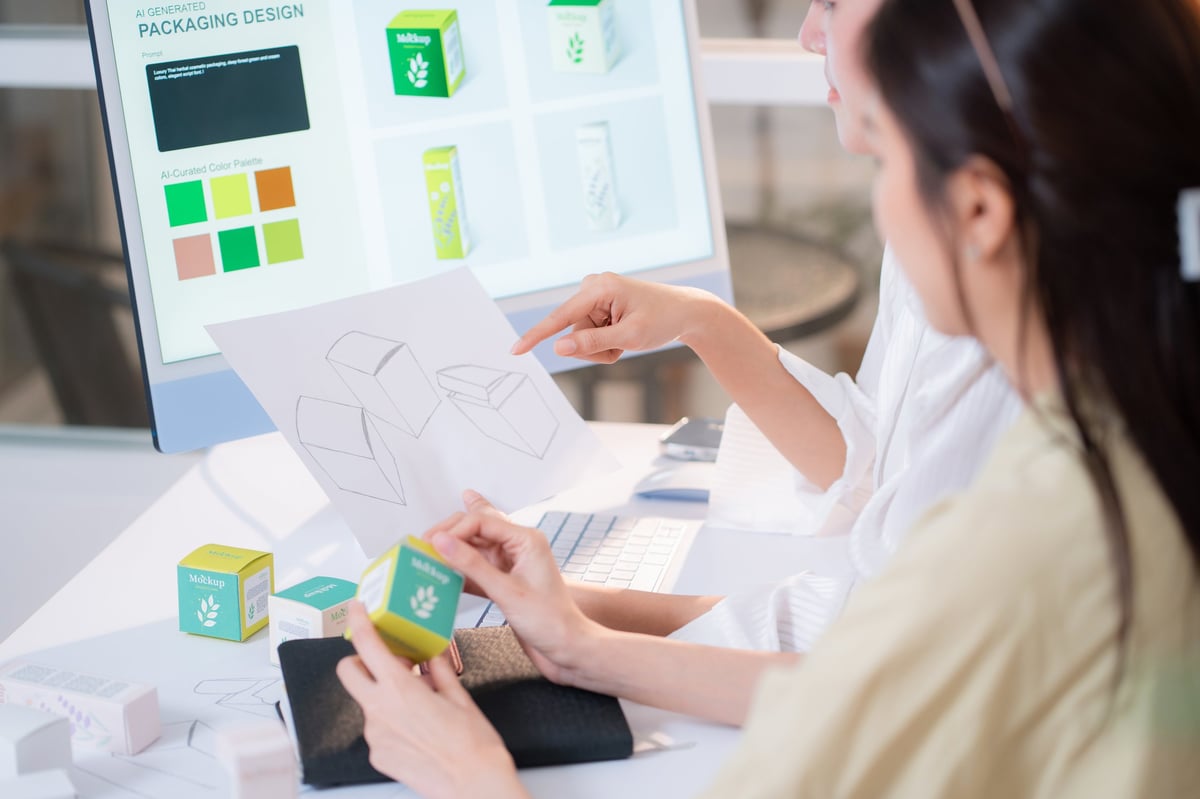 Two designers reviewing a product package prototype against a computer screen